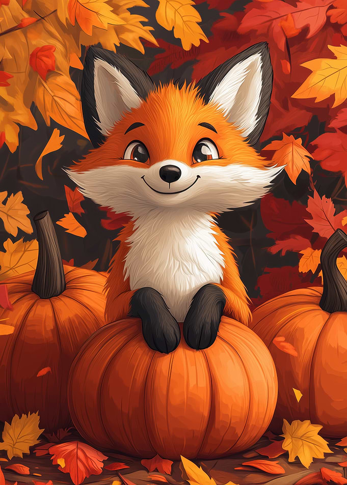 Cute Fox with Pumpkins and Autumn Leaves