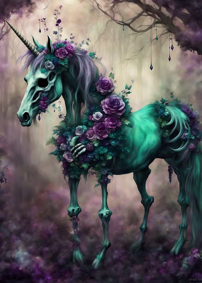 Halloween Floral Skeleton Unicorn in Enchanted Forest Gothic Dark