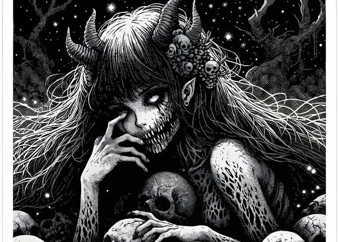 Monochrome Demon Girl with Skulls