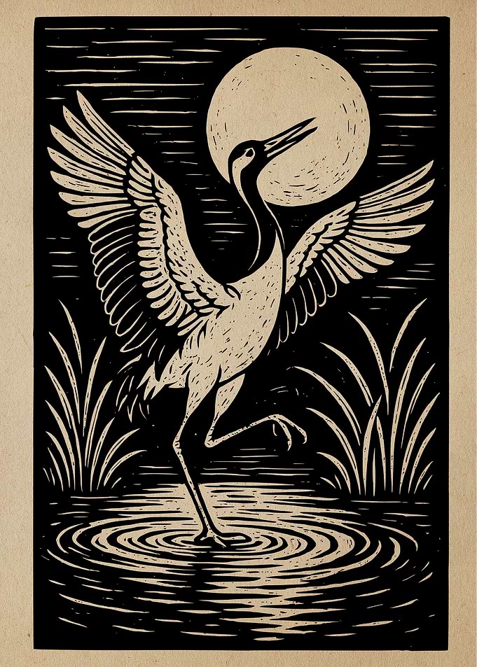 Crane in Moonlight Woodcut Print