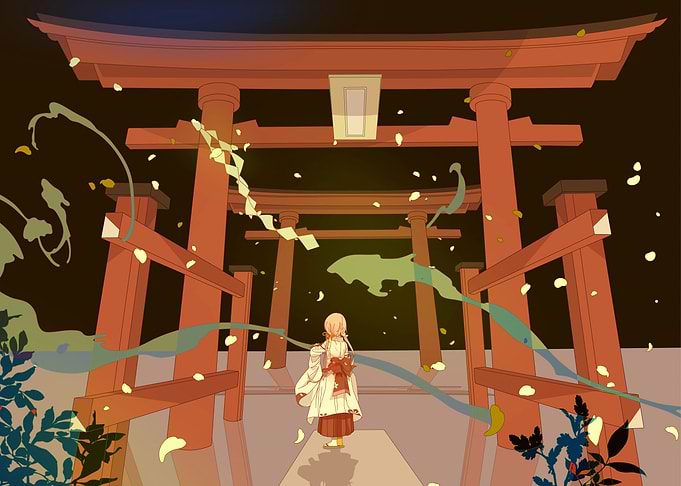 Torii Gates and Girl in Kimono