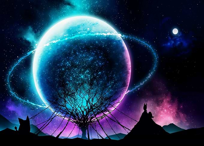 Cosmic Planet with Tree Silhouette