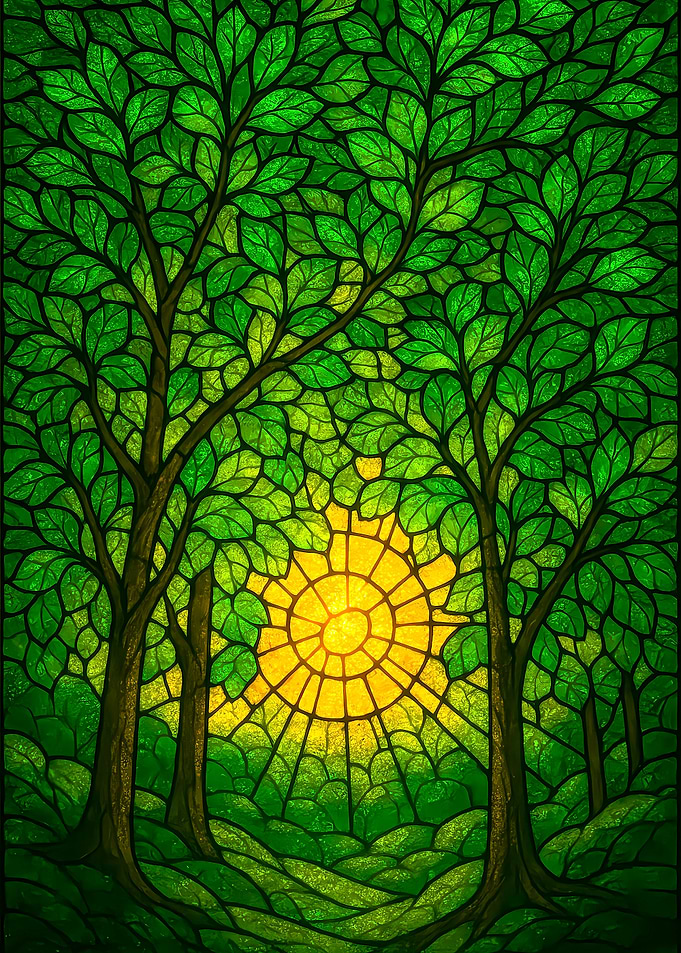 Stained Glass Forest with Sun