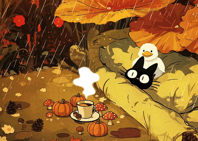 Rainy Day with Cat and Duck