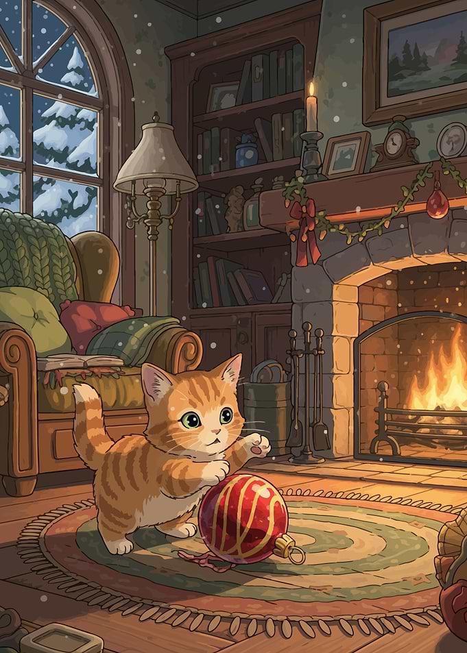 Kitten playing with Christmas ornament