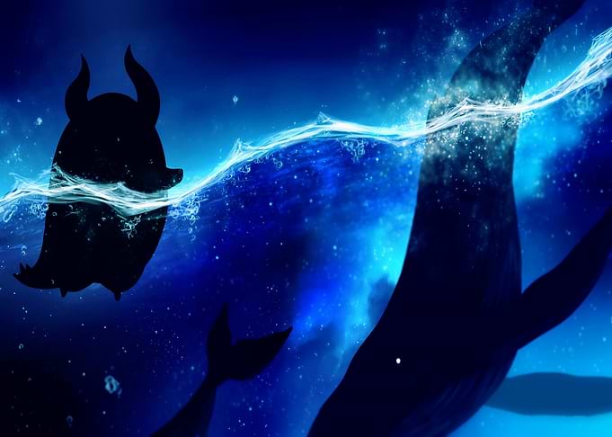 Whale and horned creature in blue