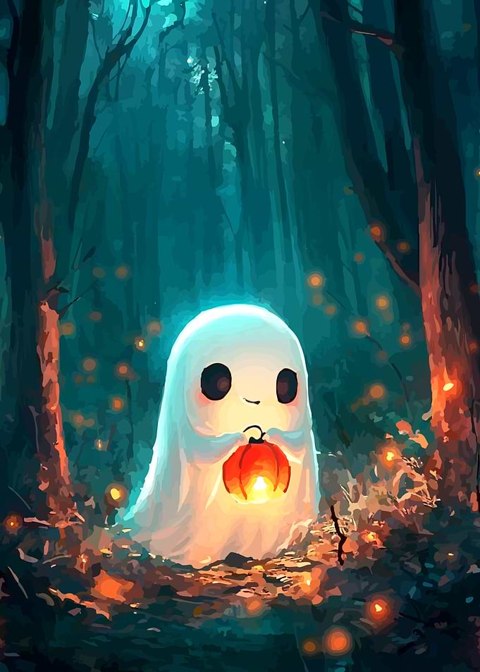 Cute Ghost with Pumpkin in Forest