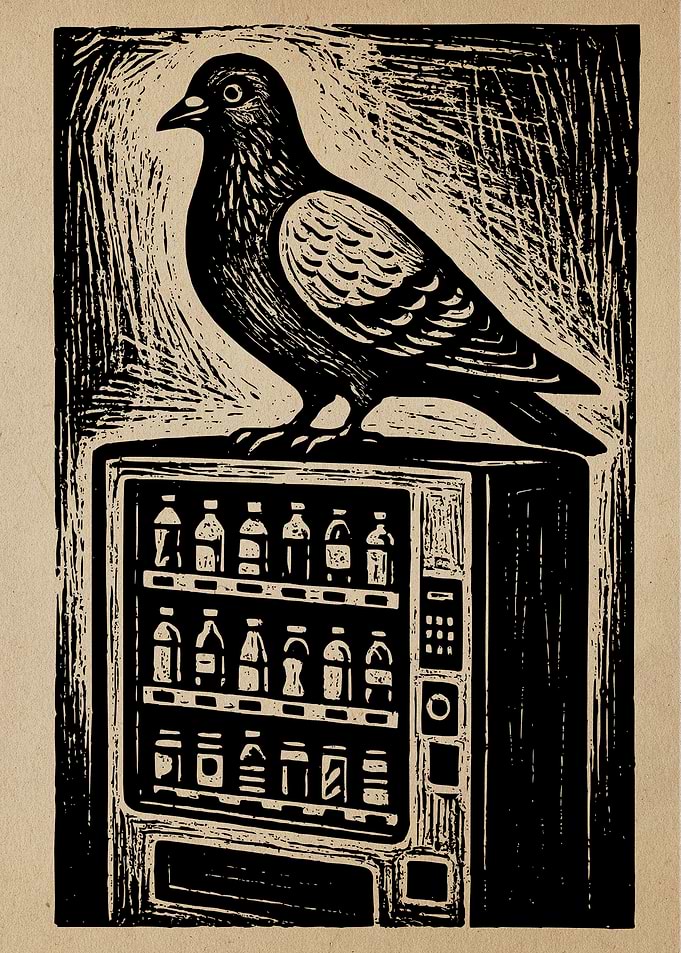 Pigeon Perched on Vending Machine Art