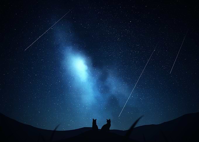 Cats under the starry night sky