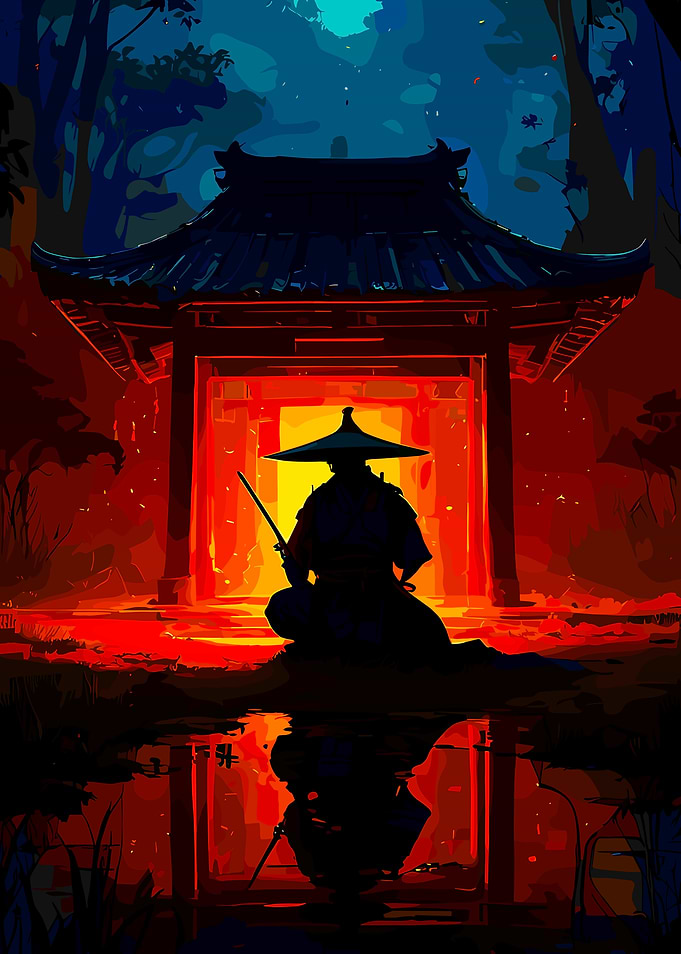 Silhouette of a Samurai in the Night