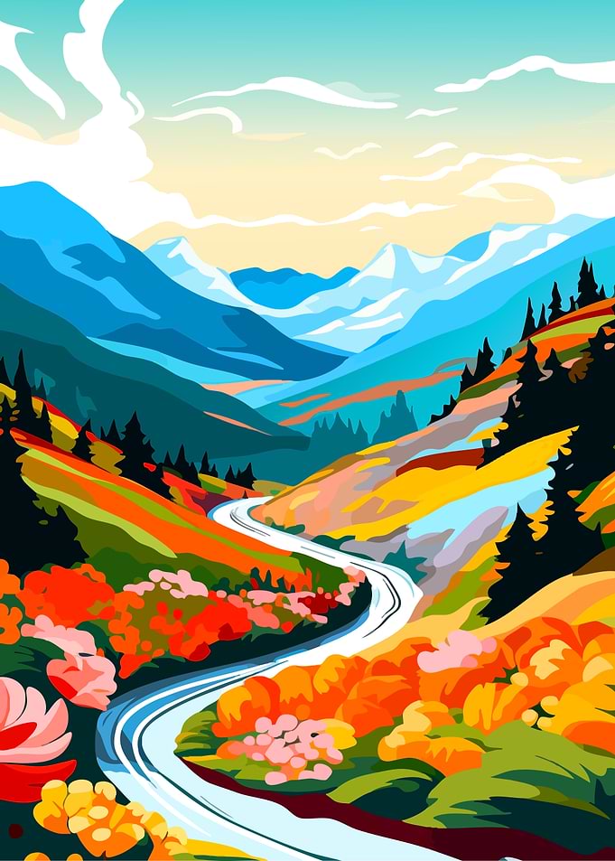 Colorful Mountain Road Landscape Illustration