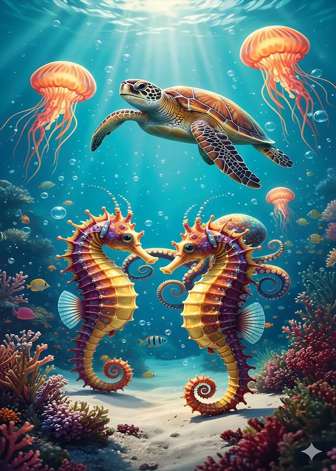 Underwater scene with sea turtle and seahorses