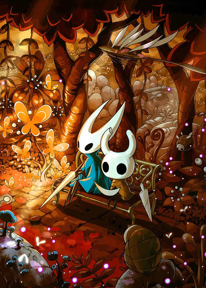 Hollow Knight characters on a bench