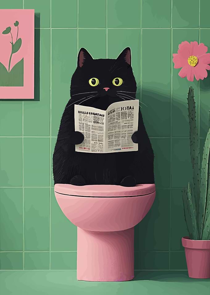 Cat Reading Newspaper on Toilet