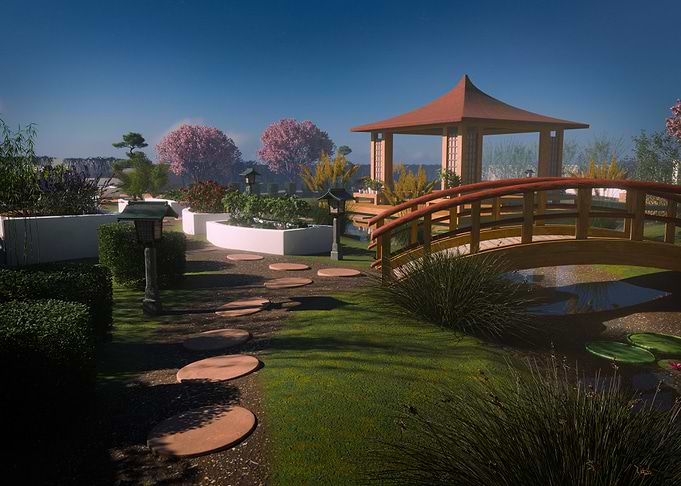 Japanese Garden with Bridge and Gazebo