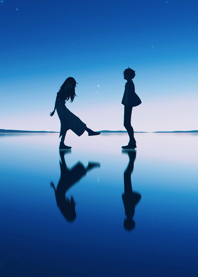Silhouette Couple on Water Anime Style