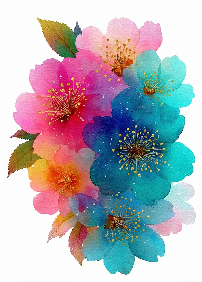 Watercolor Floral Arrangement with Pink and Blue