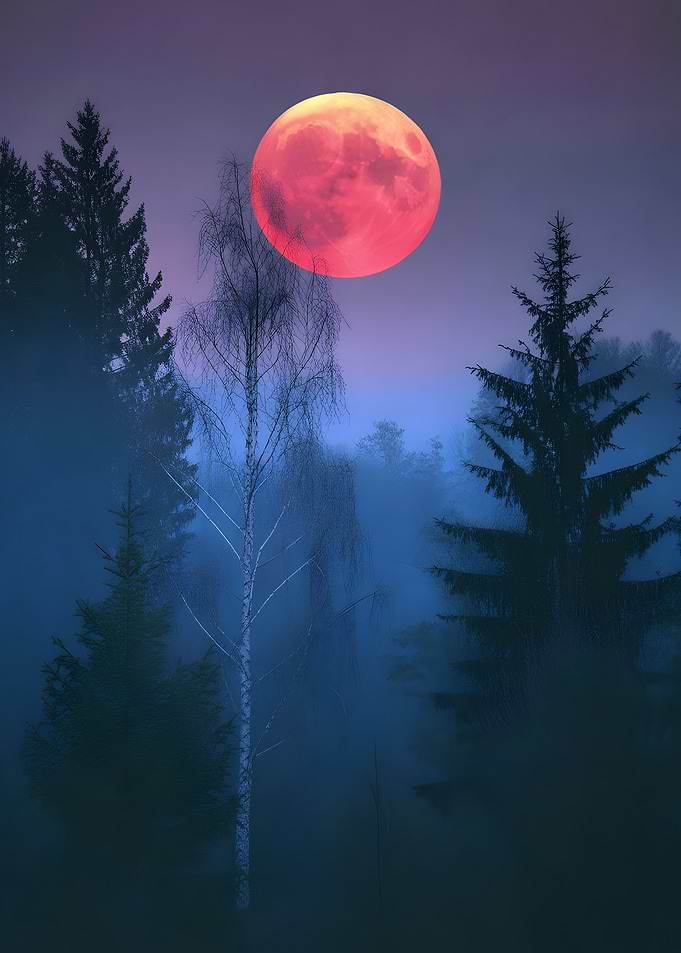 Red Moon Over Misty Forest