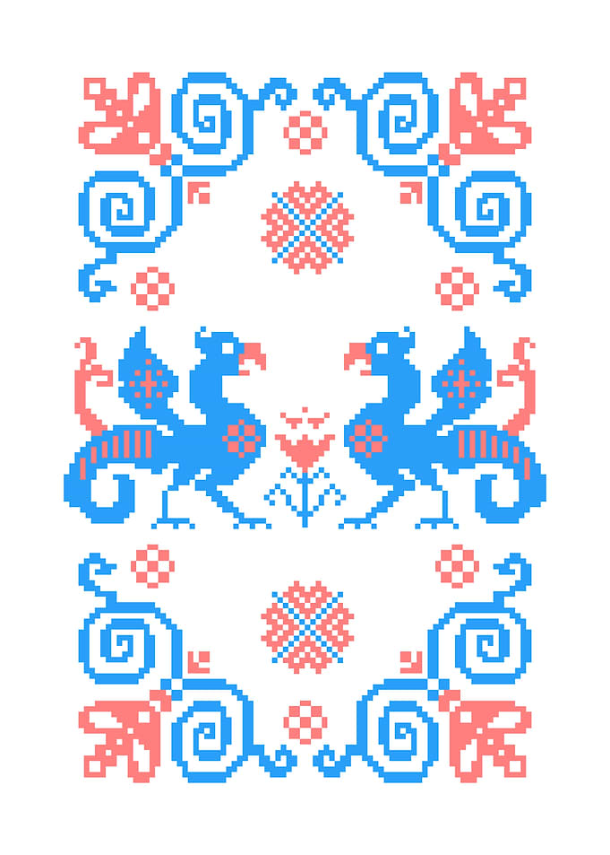 Pixelated Griffin and Floral Pattern