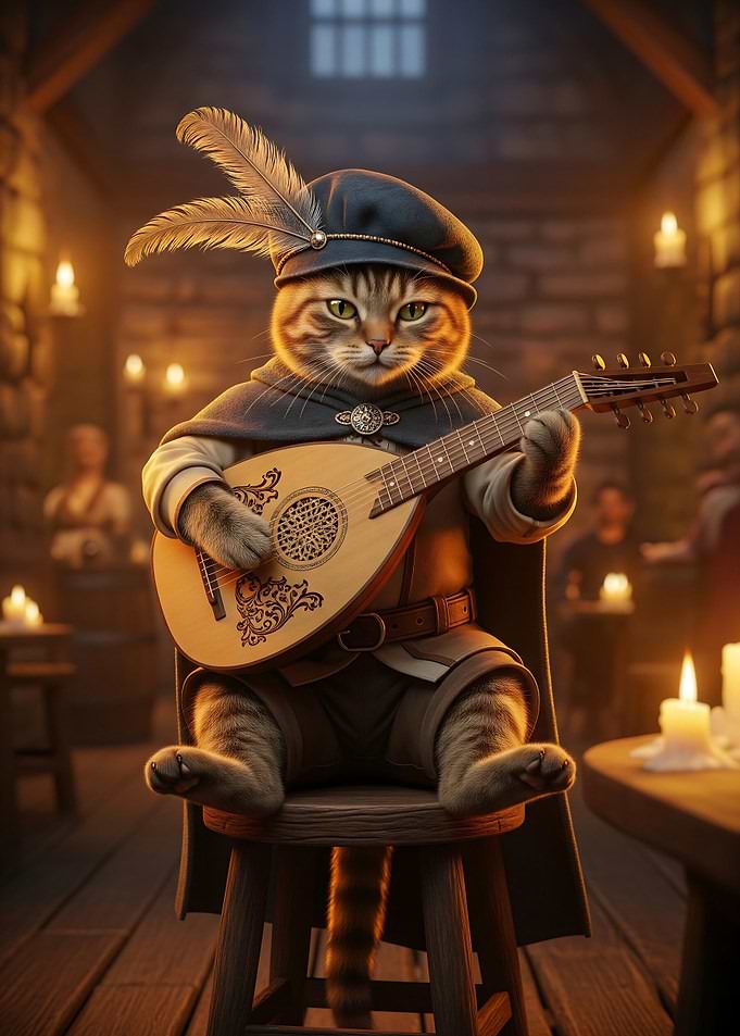 Cat Bard Playing in Medieval Tavern