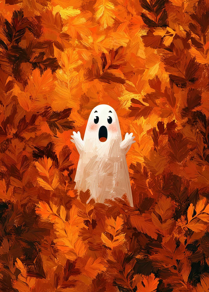 Cute Ghost in Autumn Leaves