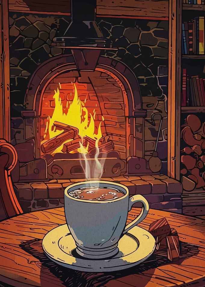 Cozy Fireplace with Coffee and Chocolate