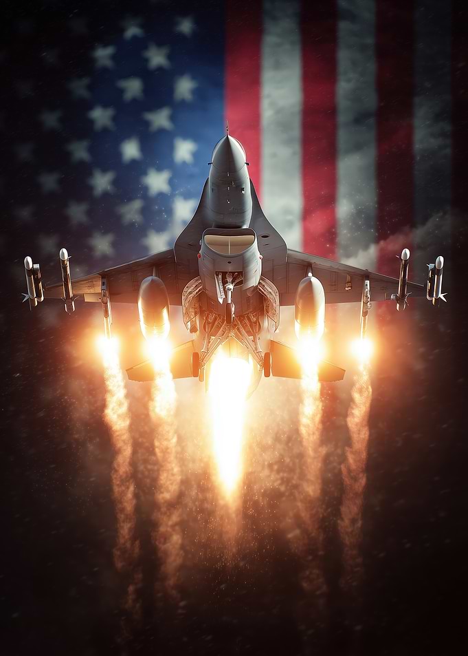 Fighter Jet with American Flag Backdrop
