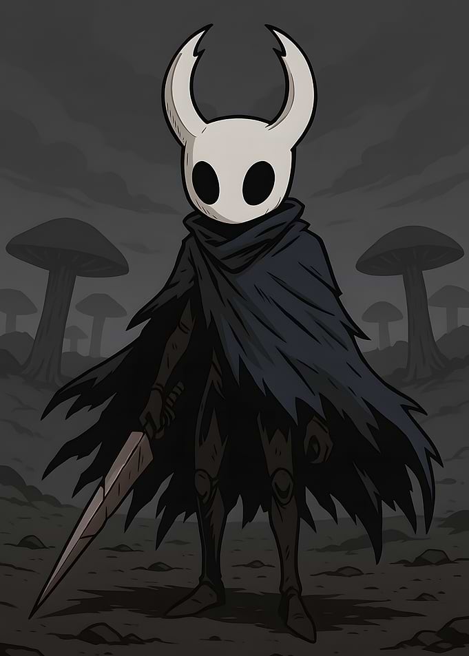 Hollow Knight character in a dark setting