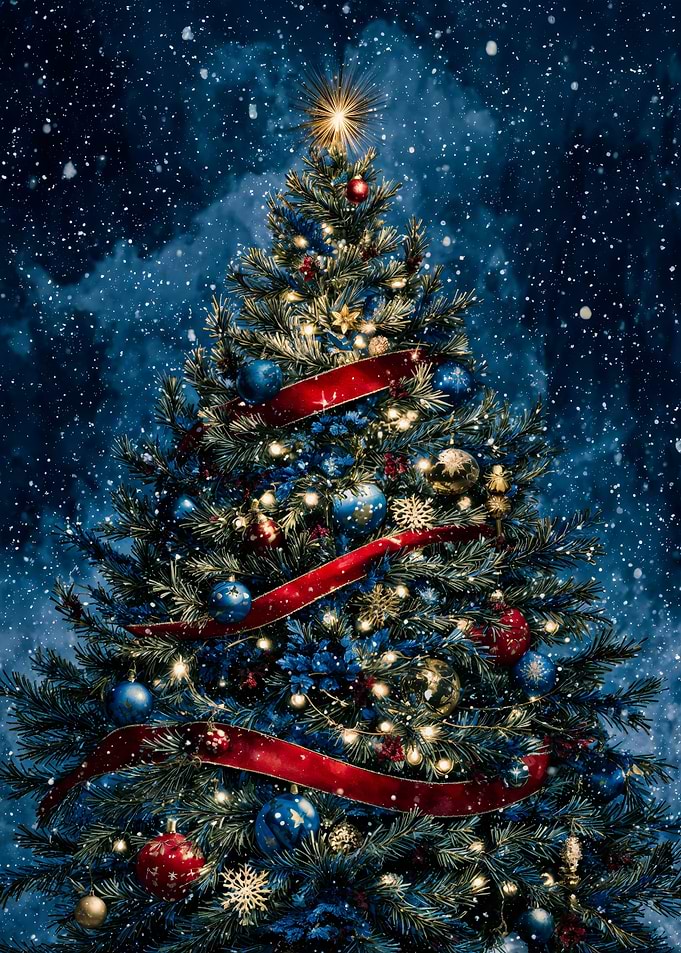 Festive Christmas Tree with Decorations, Snowy Night