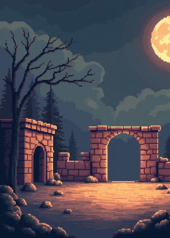 Pixel Art Ruins Under Moonlight