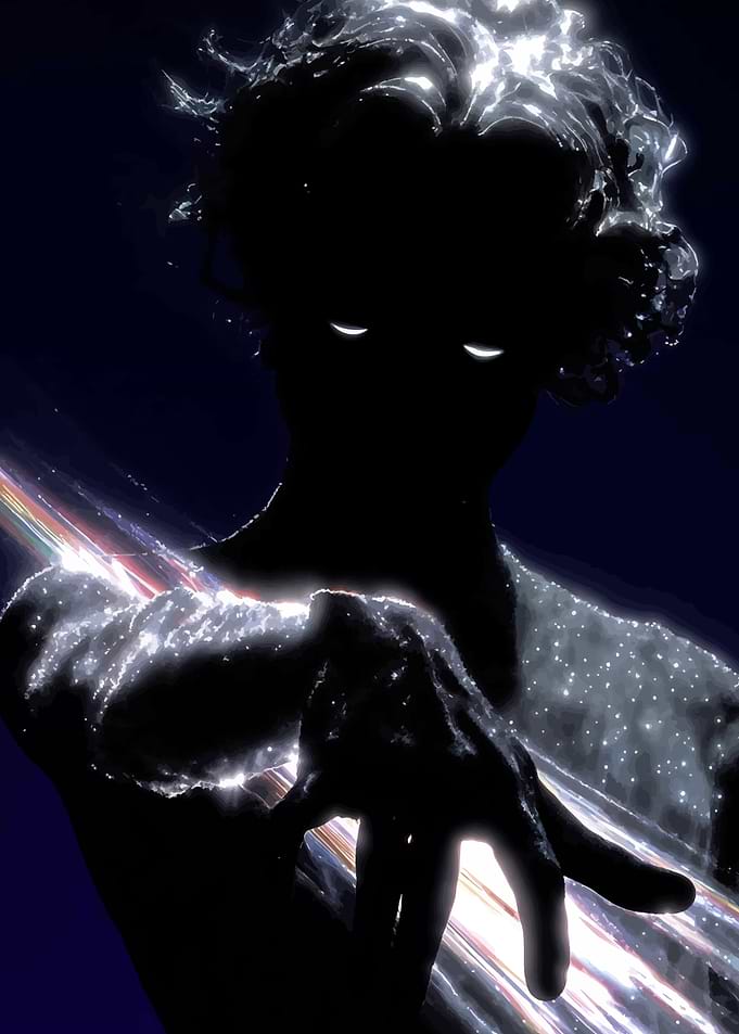 Cosmic Figure with Glowing Eyes