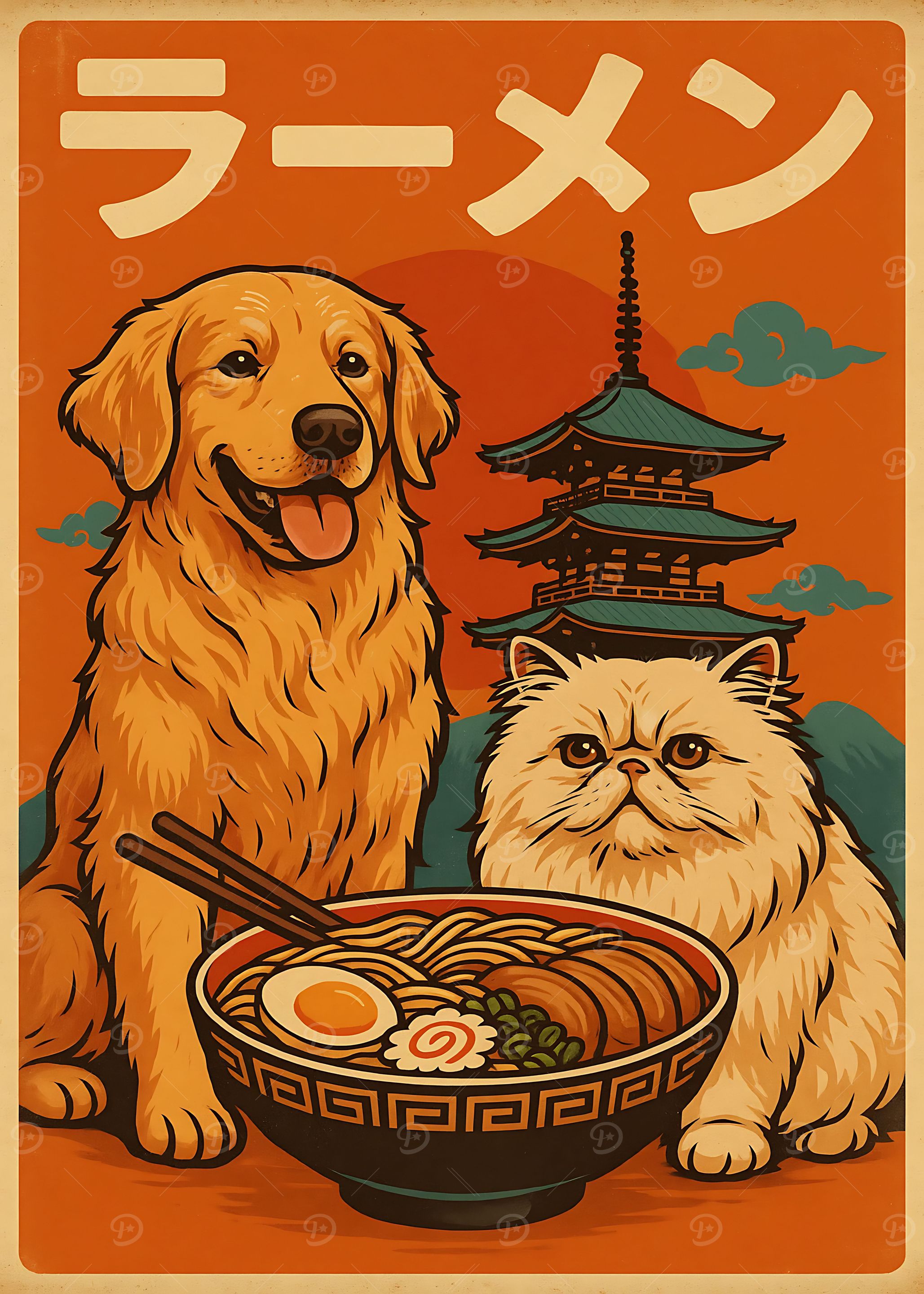 Ramen with golden retriever and a Persian cat. Illustration