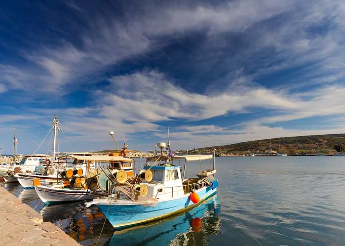 Fishing boats in a harbor, Lesvos, Greece