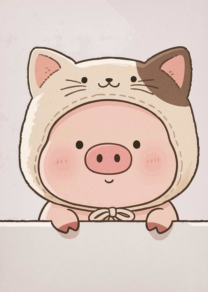 Cute Piglet Wearing Cat Hat