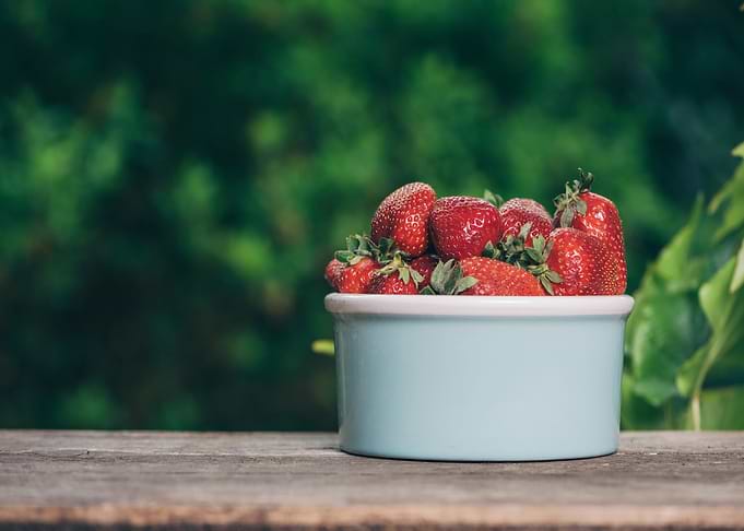 Fresh Strawberries in a Blue Bowl