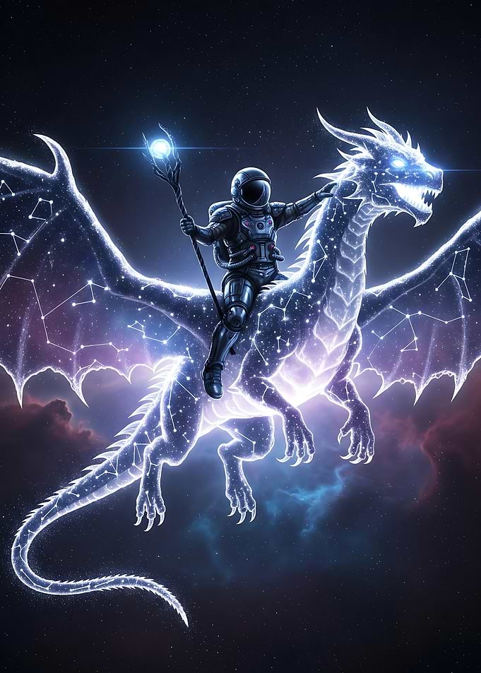 Astronaut riding constellation dragon in space