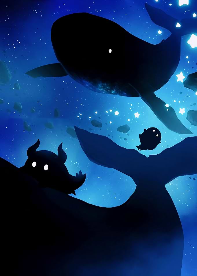 Whale and Creatures in Starry Sky
