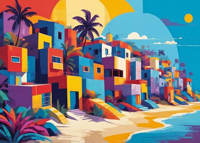 Colorful Coastal Village Illustration