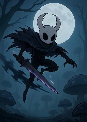 Hollow Knight in a Mushroom Forest