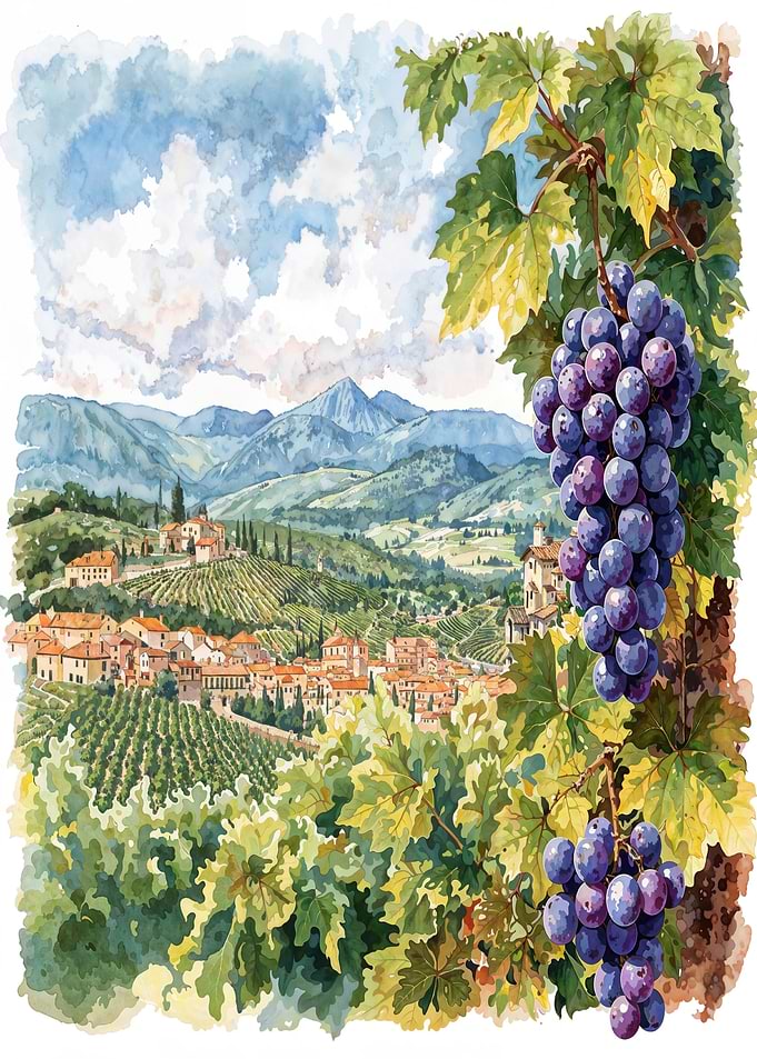 Watercolor Vineyard Landscape with Grapes