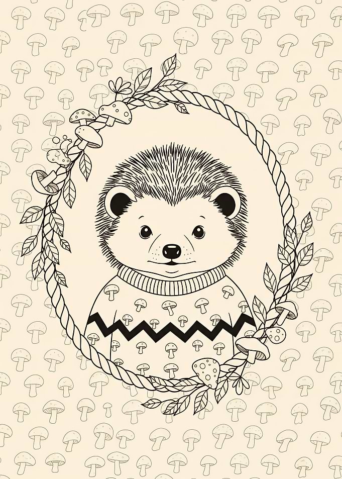 Hedgehog Cameo Art in Forest Mushroom Frame