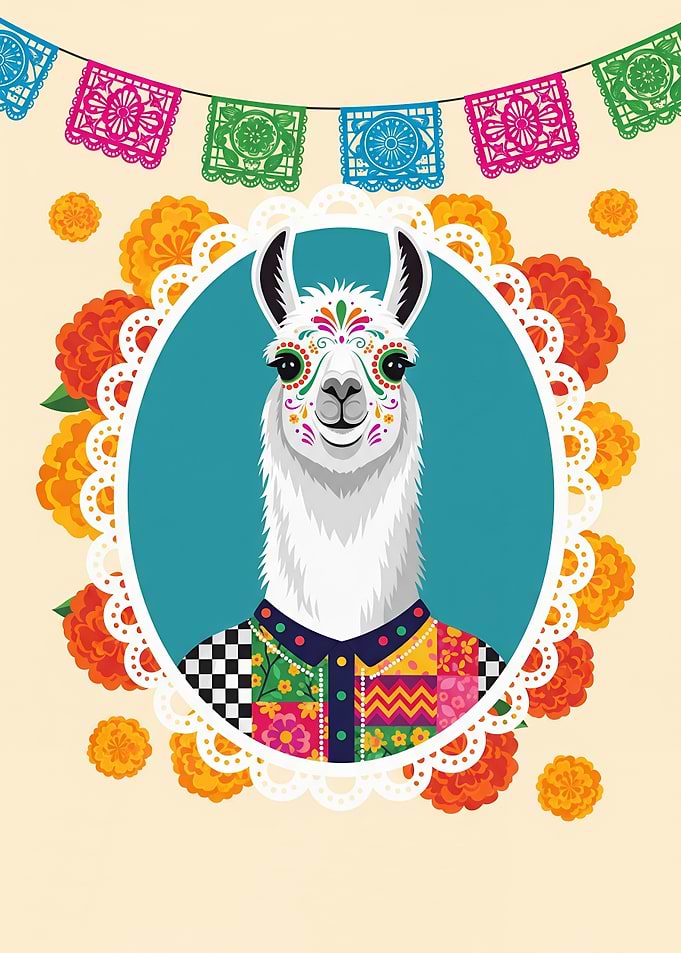 Day of the Dead Llama in Patchwork Shirt