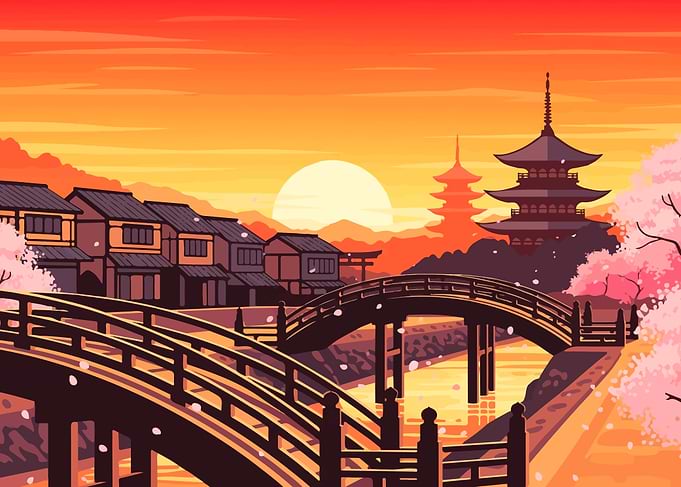 Japanese Landscape with Pagodas and Bridges