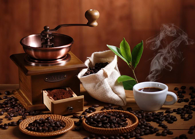 Coffee Still Life with Grinder and Beans