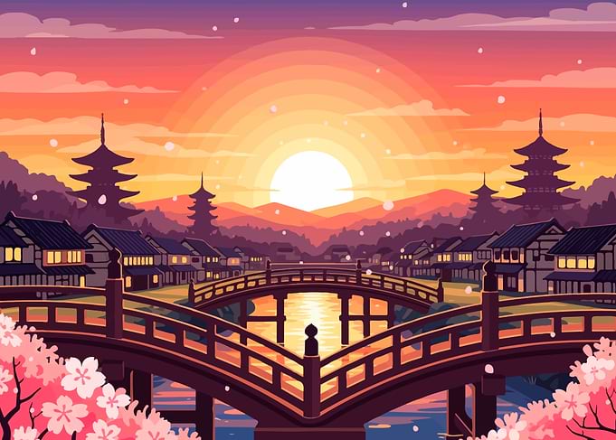 Japanese Village Sunset with Cherry Blossoms