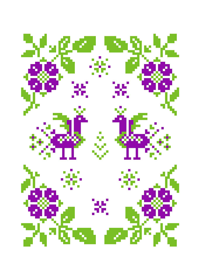 Pixelated Floral and Bird Pattern