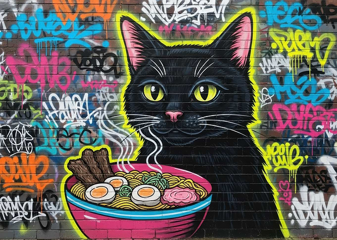 Cat and Ramen Graffiti Art
