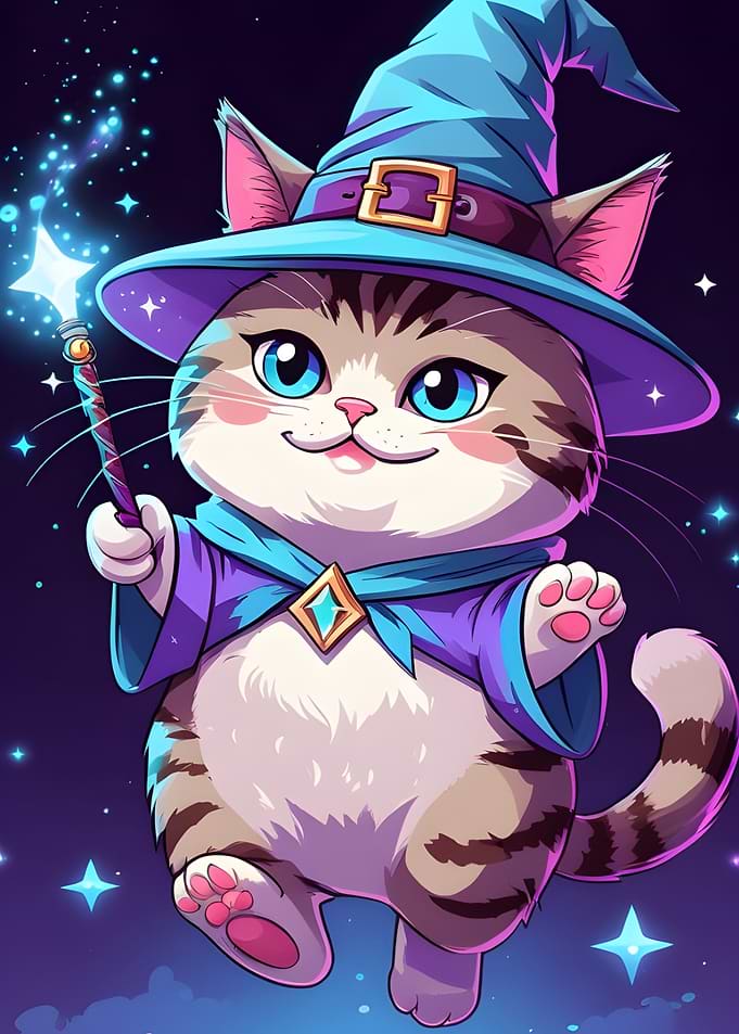 Cartoon Cat Wizard with Magic Wand