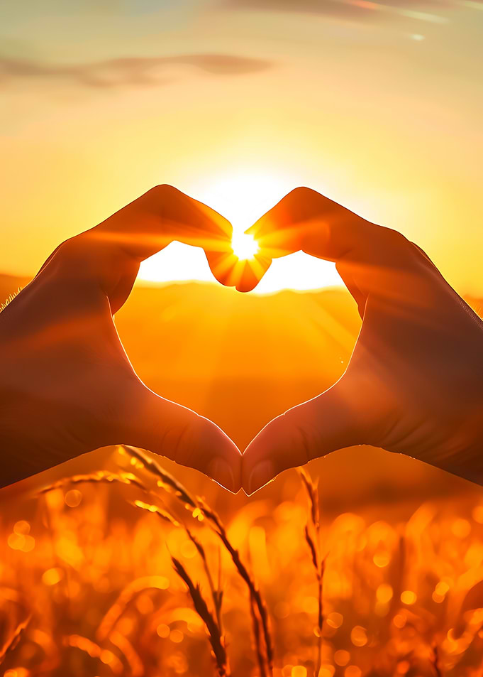 Hands forming heart around sunset