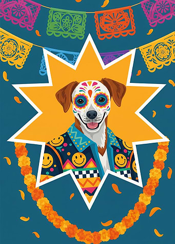 Day of the Dead Dog Portrait - Smiling Spirit in Papel Picado Parade
